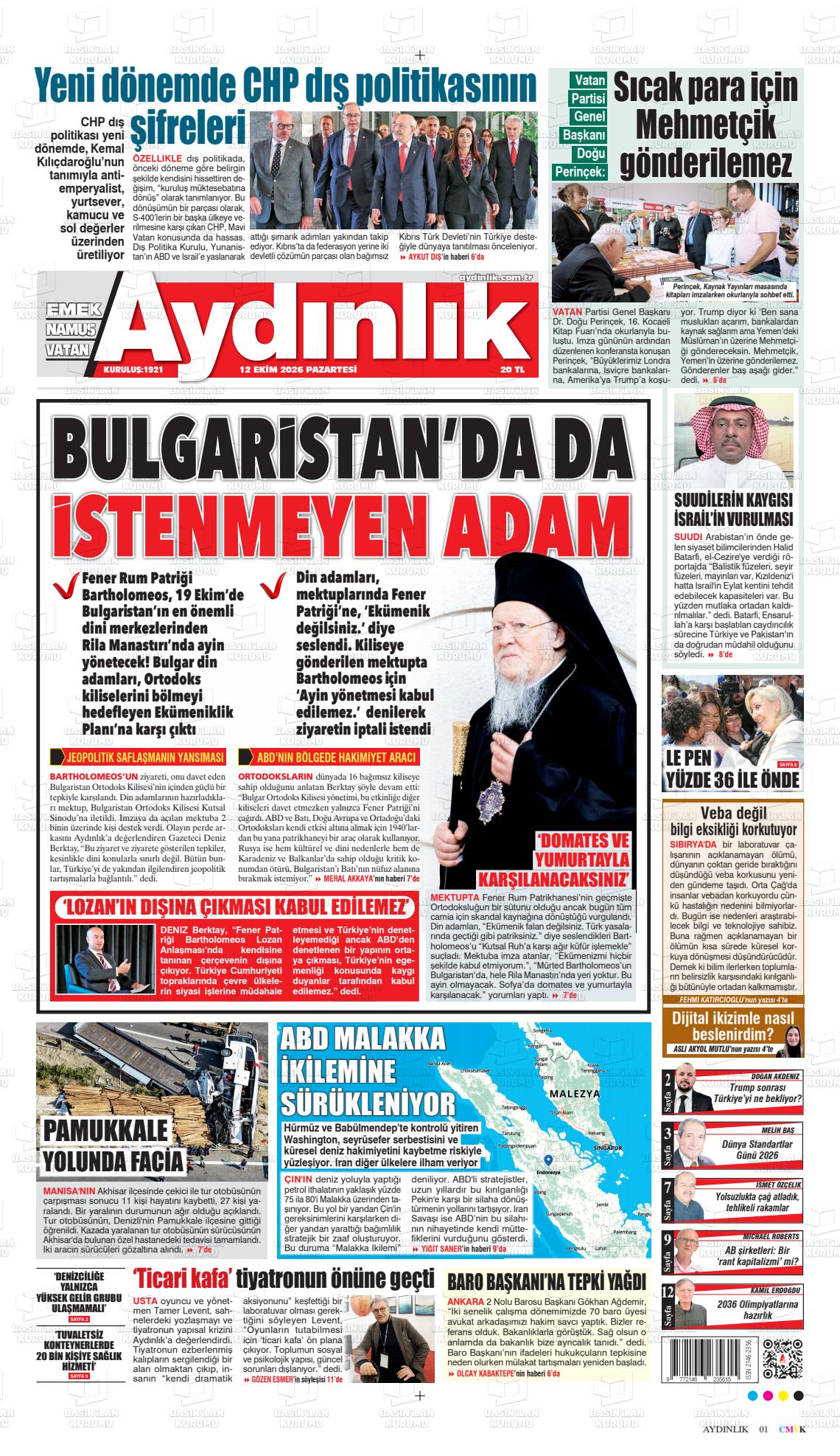Aydınlık gazetesi ilk sayfası