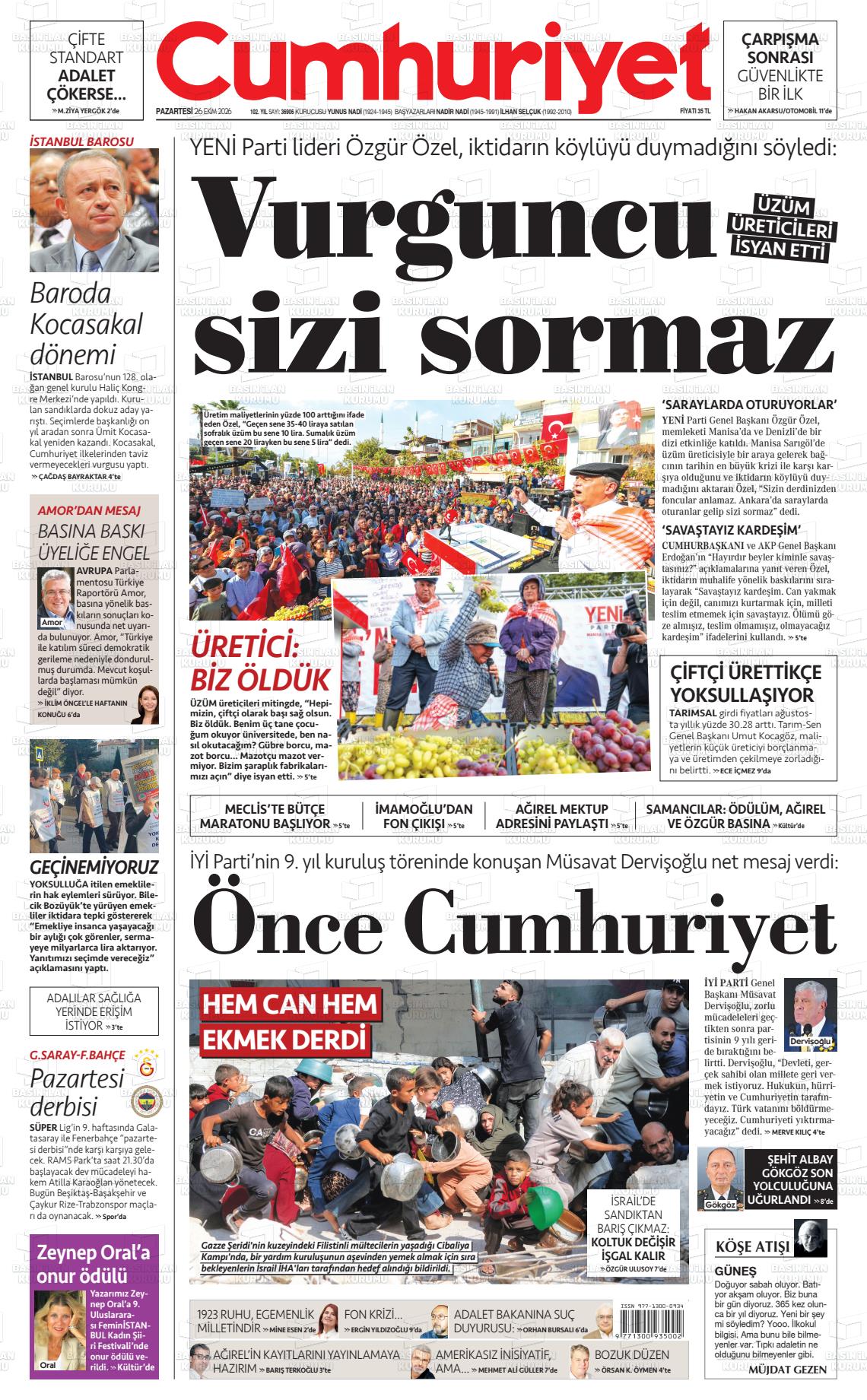Cumhuriyet gazetesi ilk sayfası