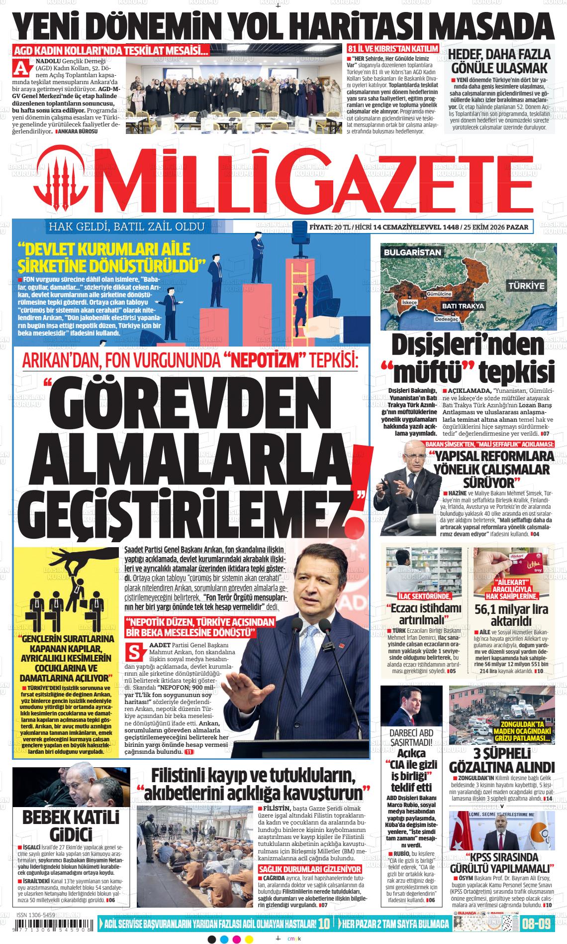 Milli Gazete gazetesi ilk sayfası