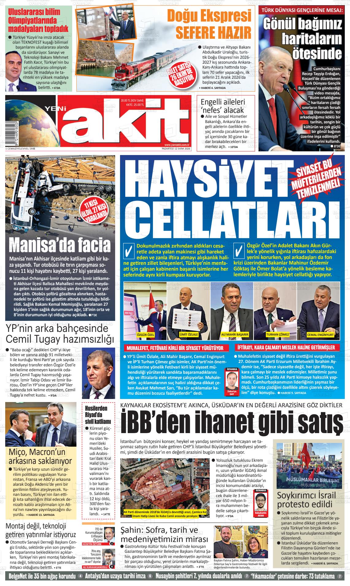 Yeni Akit gazetesi ilk sayfası