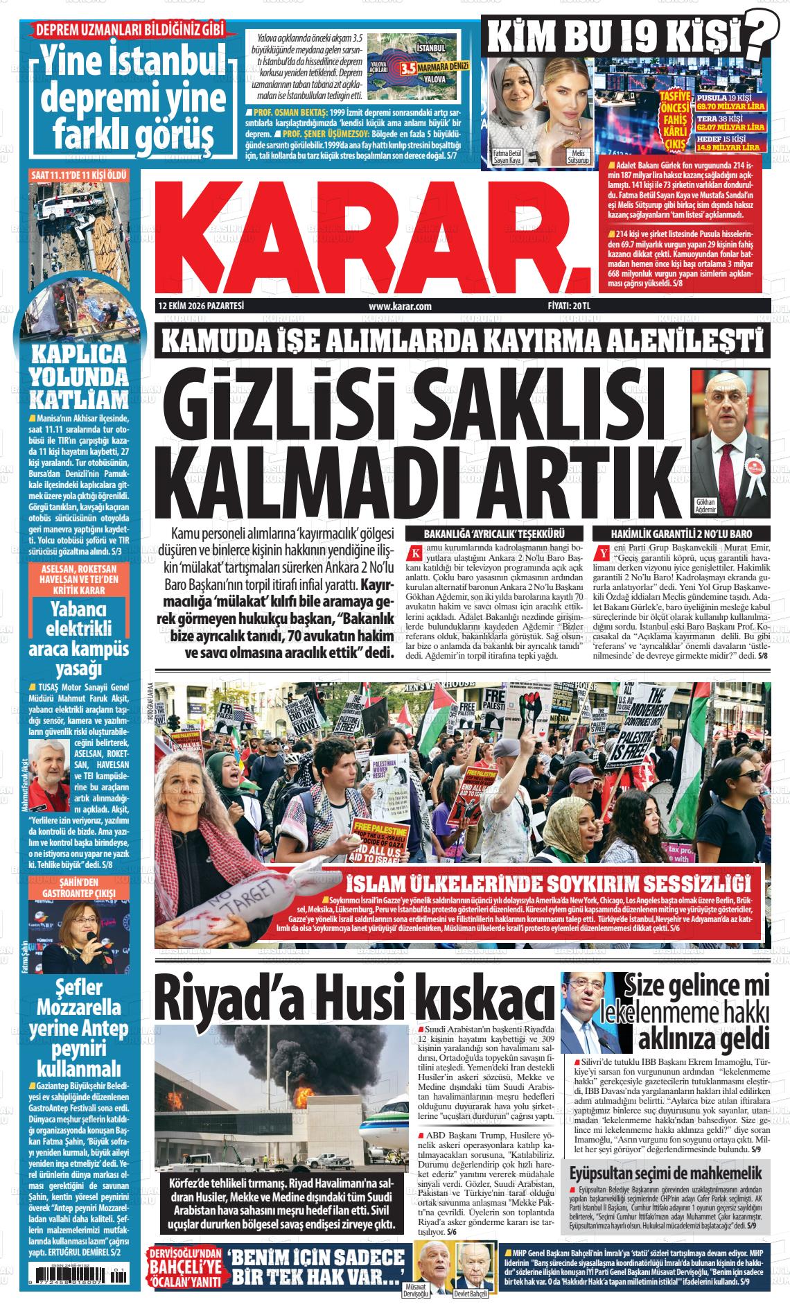 Karar gazetesi ilk sayfası
