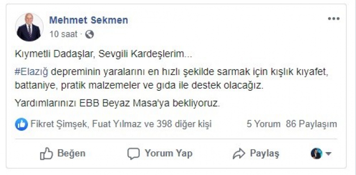 Başkan Sekmen’den depremzedelere yardım çağrısı