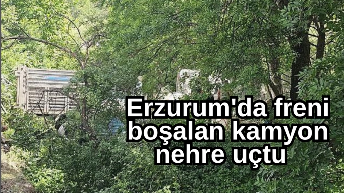 Erzurum'da freni boşalan kamyon nehre uçtu 