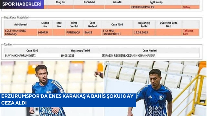 Erzurumspor'da Enes Karakaş'a bahis şoku! 8 ay ceza aldı