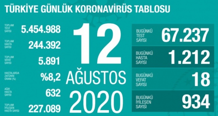Türkiye’de son 24 saatte 1.212 kişiye Kovid-19 tanısı konuldu, 18 kişi hayatını kaybetti